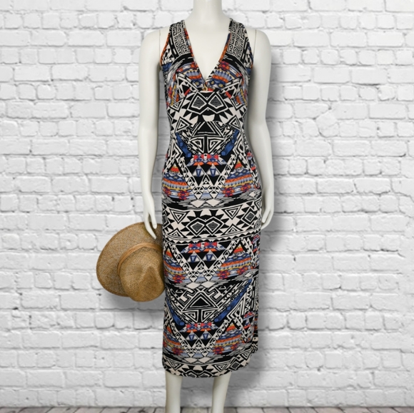 BOHO Southwest Aztec Print Maxi Long Midi Dress V-neck Sleeveless - Picture 2 of 5